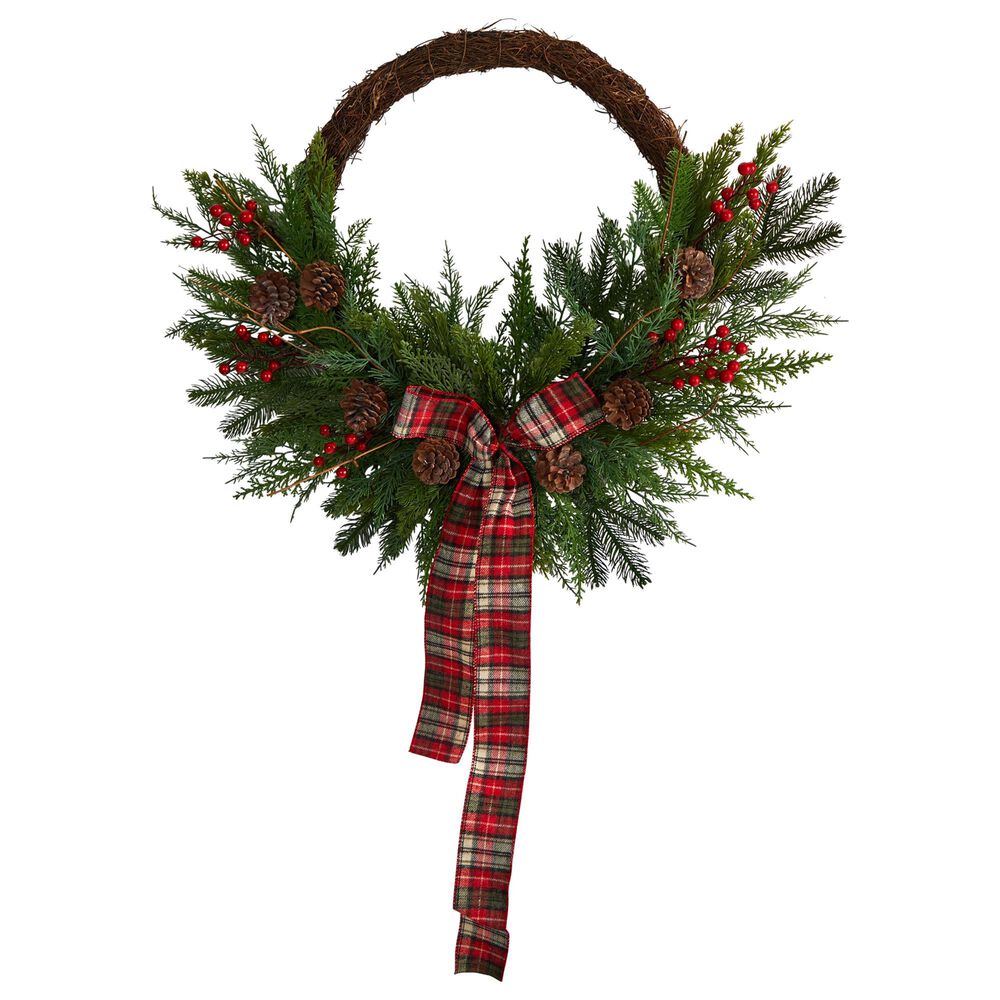 Nearly Natural Inc 28in. Pine and Pinecone Artificial Christmas Wreath with Decorative Bow, , large