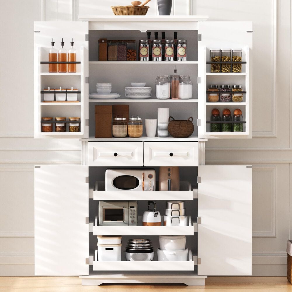 HOMLUX HOMLUX 71" Tall Kitchen Pantry Cabinet with 3 Pull Out Cabinet Organizers, Farmhouse Embossed Texture Storage Cabinet with 6 Door Shelves, 2 Drawers, Freestanding Cupboard for Kitchen, Dining Room White, , large