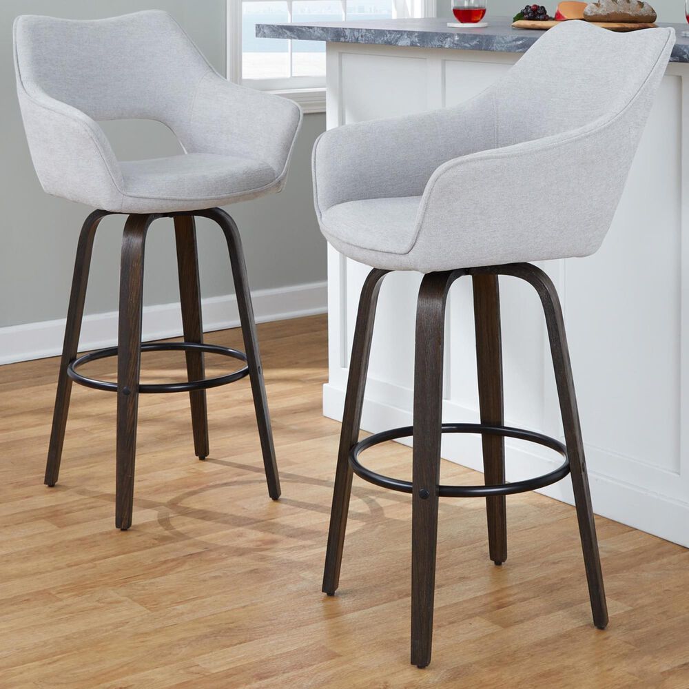 LumiSource Mustang 30" Swivel Bar Stool with Grey Fabric Upholstery in Glazed Walnut and Black (Set of 2), , large
