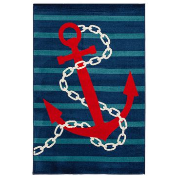 Central Oriental Terrace Tropic Anchored Stripes 7"10" x 9"10" Sapphire and Coral Area Rug, , large