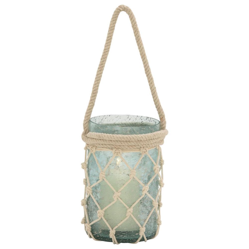 Maple and Jade 5&quot; x 16&quot; Indoor/Outdoor Candle Lantern with Rope Handle in Frosted Blue and Cream, , large