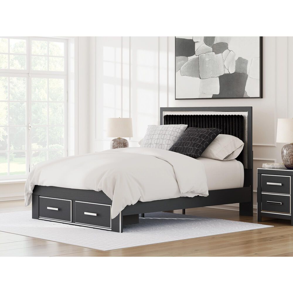 Ashley Zuraleus Queen Upholstered Panel Storage Bed with Two Nightstands in Matte Black, , large