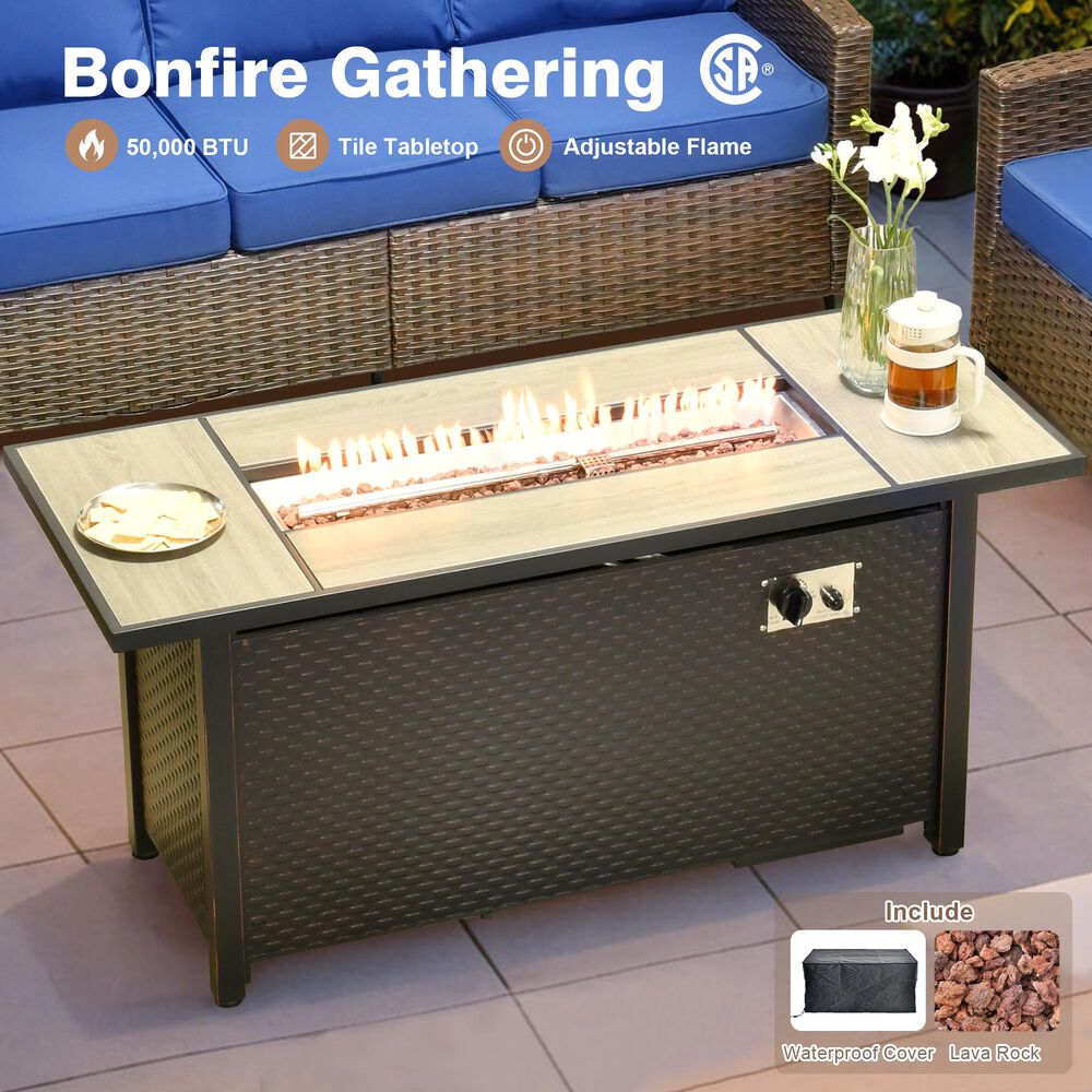 HOMLUX 7-Piece Patio Conversation Set with Fire Pit Table in Navy Blue, , large