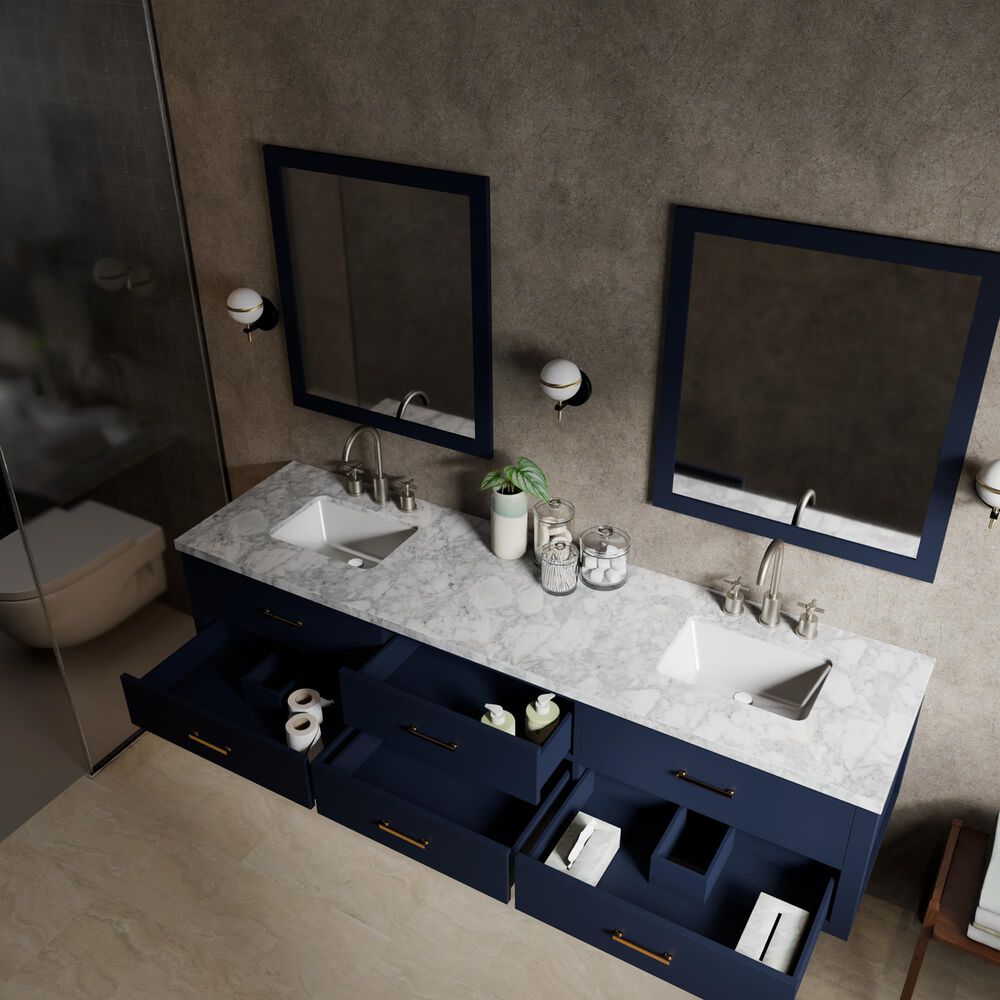 Lexora Home Castor 84" Double Bathroom Vanity in Blue with 2 cm White Carrara Marble Top and Rectangular Sinks, , large
