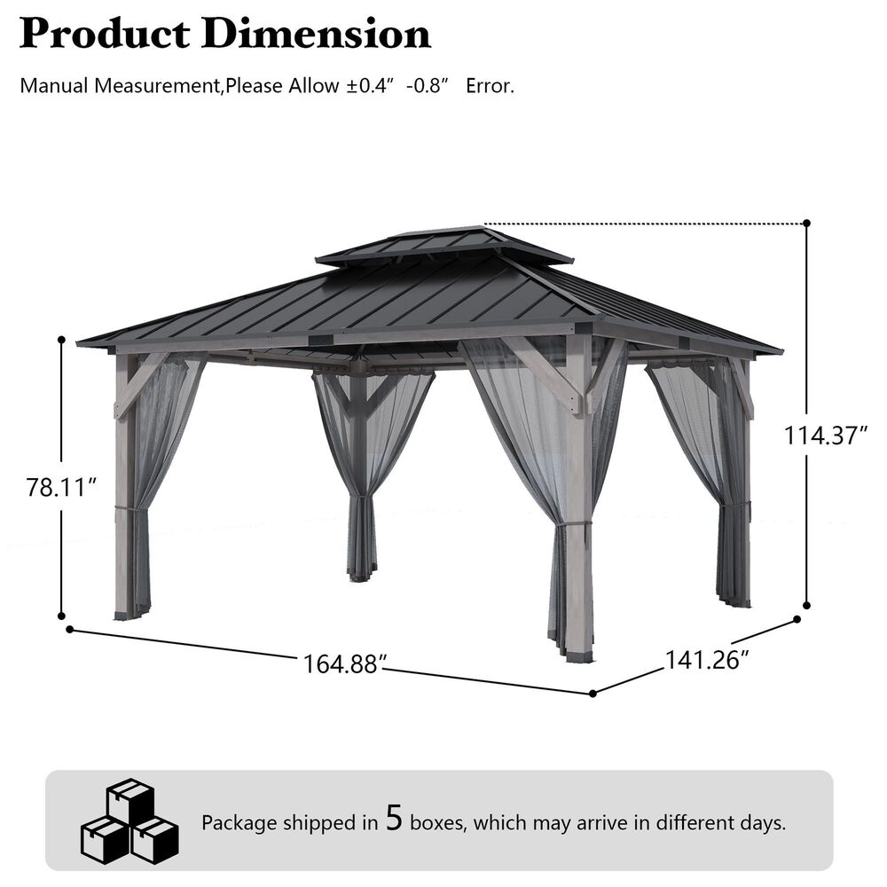 HOMLUX 12' x 14' Patio Hardtop Gazebo with Wood Posts in Light Gray, , large
