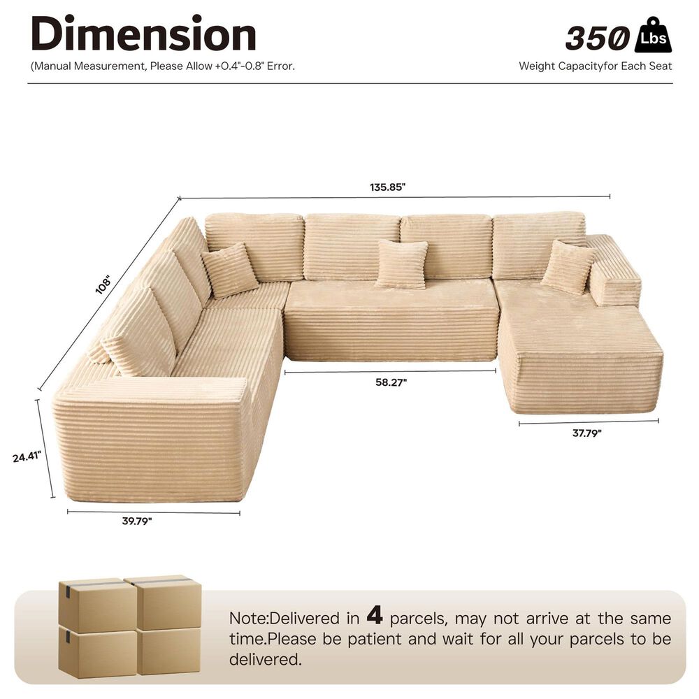 HOMLUX HOMLUX Modular Corduroy Sectional Sofa with Right Chaise, U Shaped Cloud Couch Set in Beige, , large
