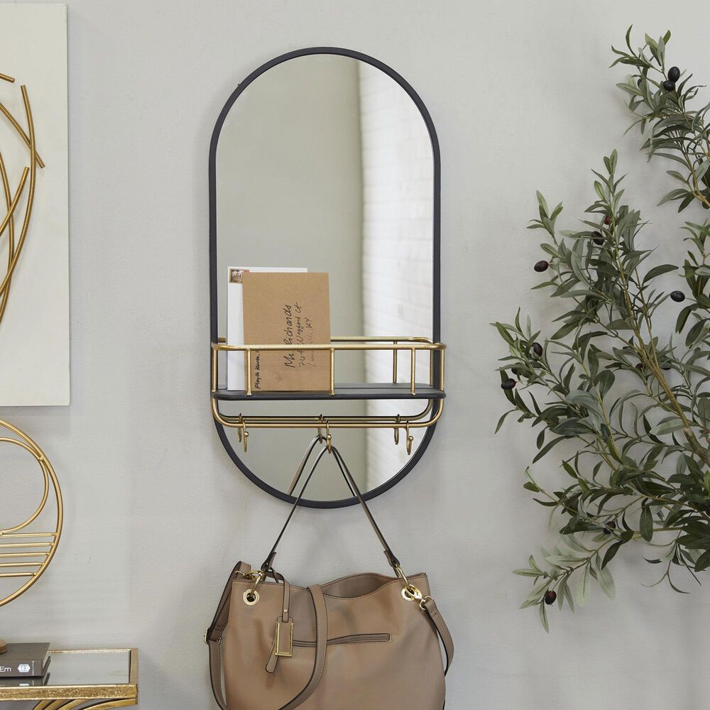 Maple and Jade Metal Oval Wall Mirror with 1 Shelf in Matte Black, , large