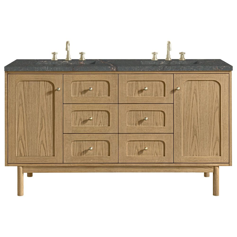 James Martin Vanities Laurent 60" Double Bathroom Vanity in Light Natural Oak with 3 cm Parisien Bleu Quartz Top and Rectangular Sinks, , large