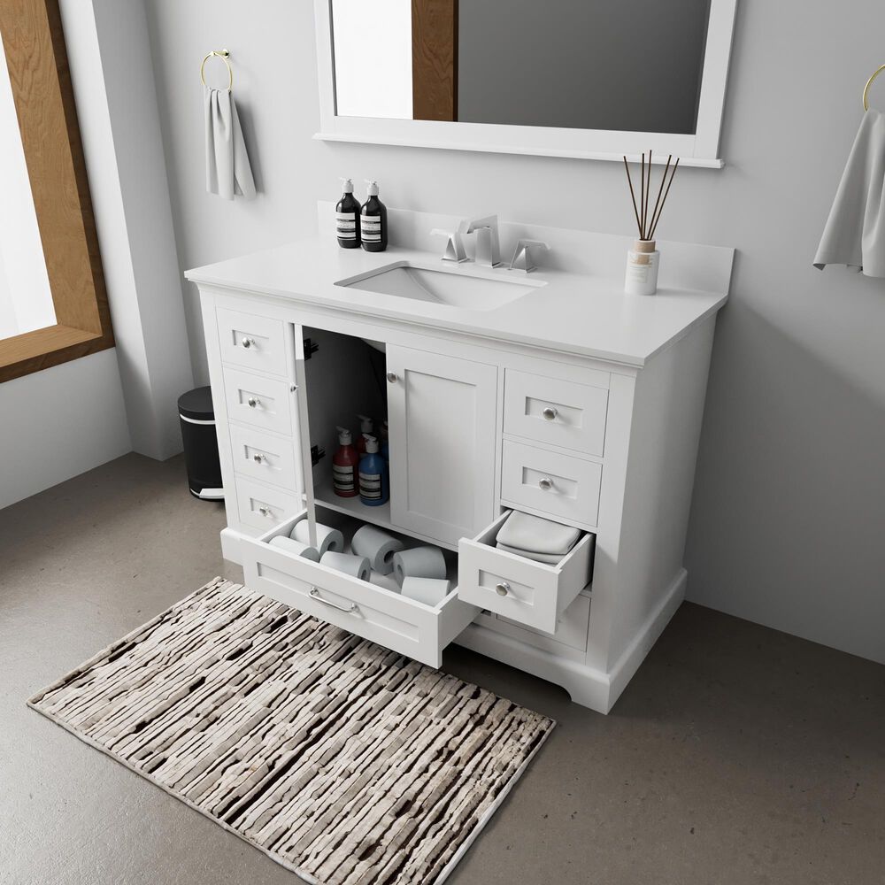 Lexora Home Dukes 48" Single Bathroom Vanity in White with 2 cm White Quartz Top and Rectangular Sink, , large