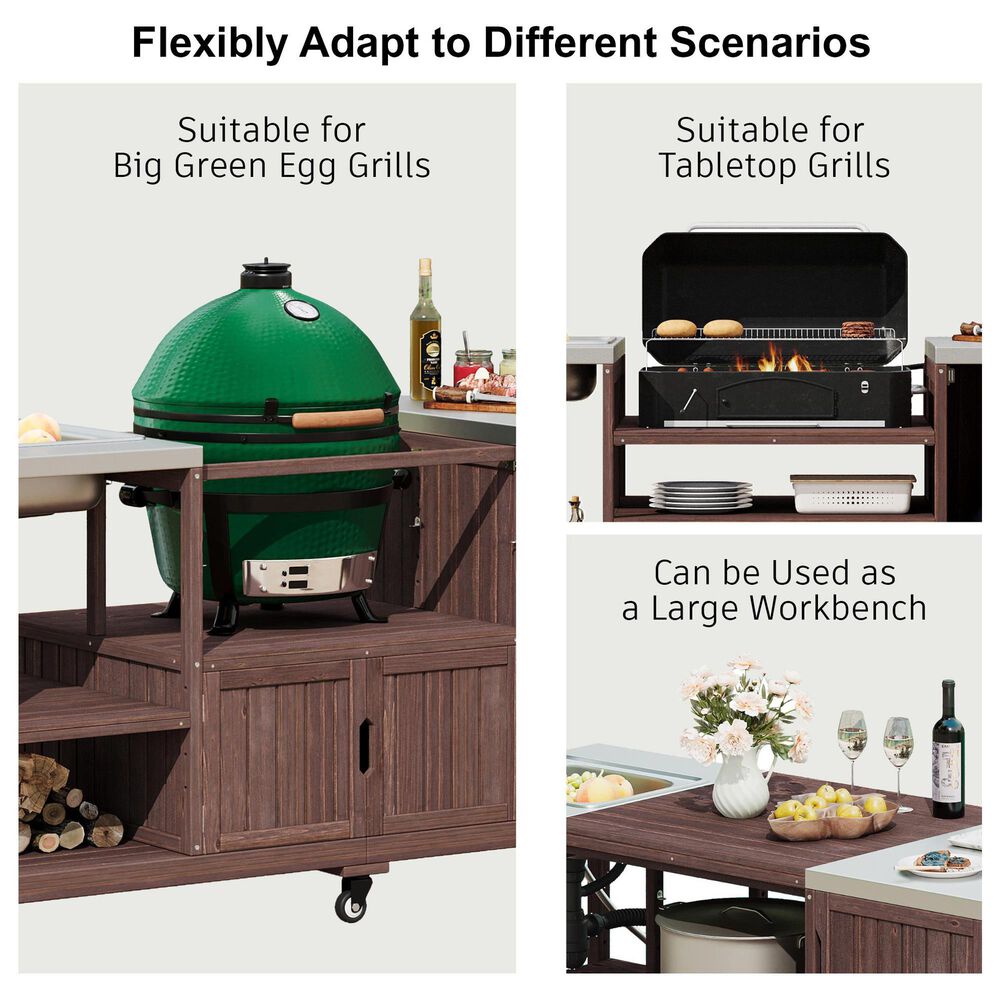 HOMLUX 75.4" Outdoor Kitchen Island with Sink, Solid Wood Outdoor Grill Cart for XL Green Egg Grills, Rolling Outdoor Bar Cart with Stainless Steel Top, for Pizza Prep &amp; BBQ, Brown, , large