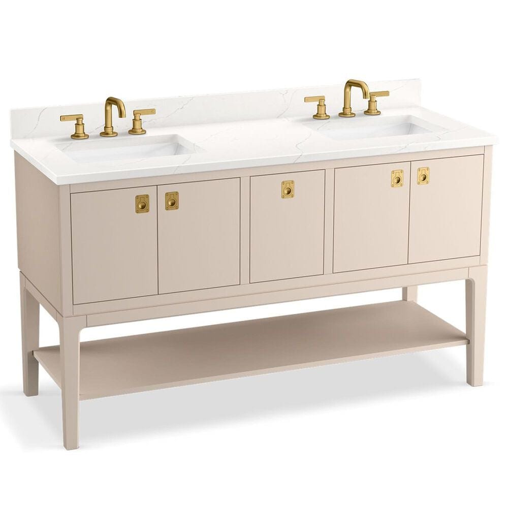 Kohler Seagrove 60" Double Bathroom Vanity in Light Clay with 3 cm White Quartz Top and Rectangular Sinks, , large