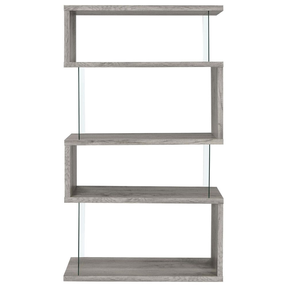 Coaster Emelle 4-Shelf Bookcase with Glass Panel in Light Grey Driftwood and Clear, , large