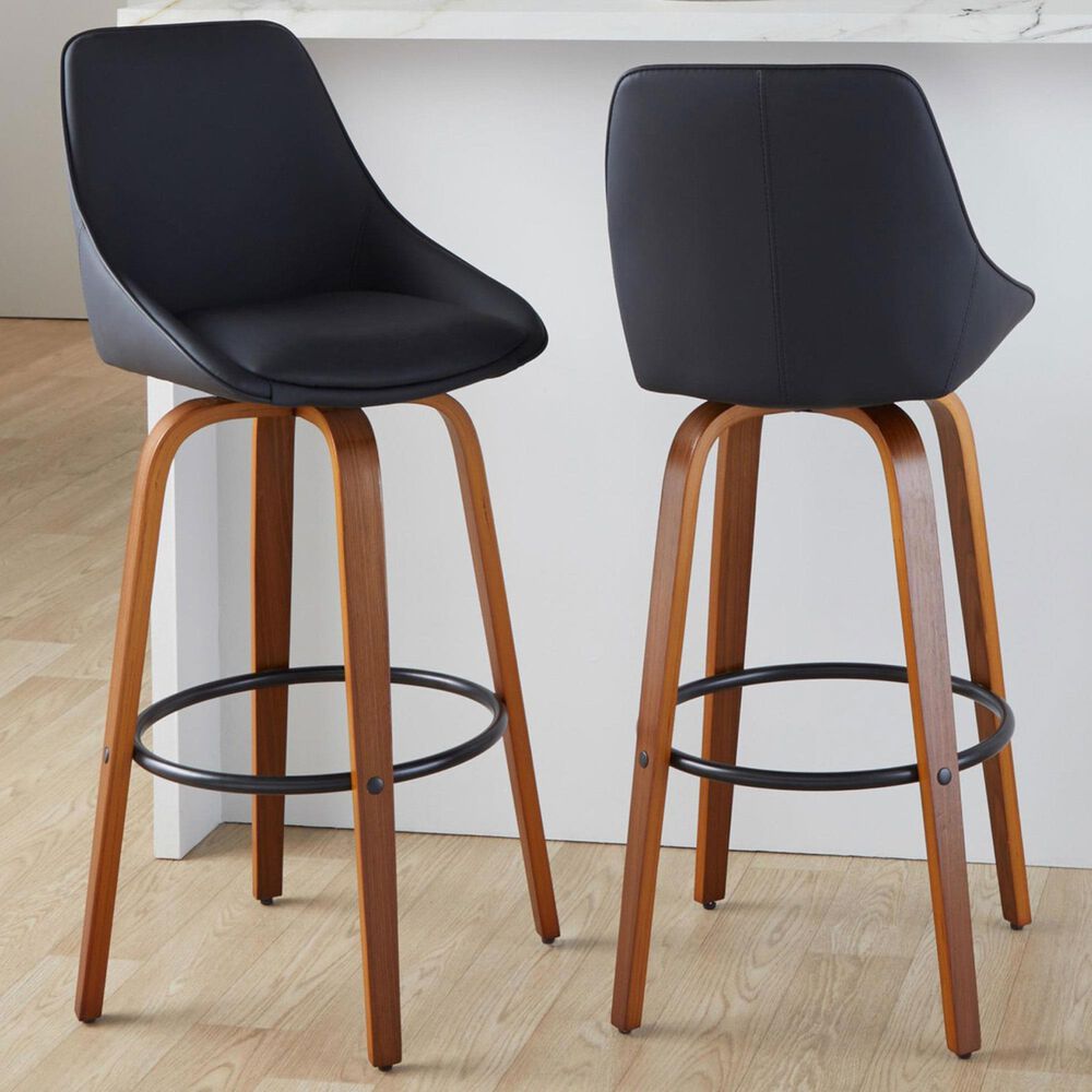 LumiSource Diana 30" Swivel Barstool with Black Faux Leather Upholstery in Walnut and Black (Set of 2), , large