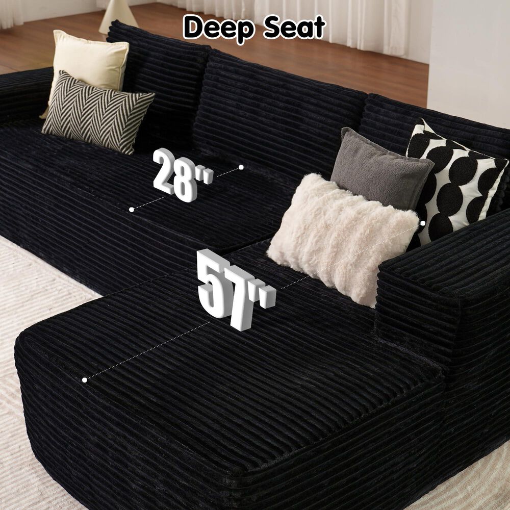 HOMLUX 104" Cloud Sectional Couch Upholstered Modular Sofa with Right L-Shape Chaise, Corduroy Fabric in Black, , large