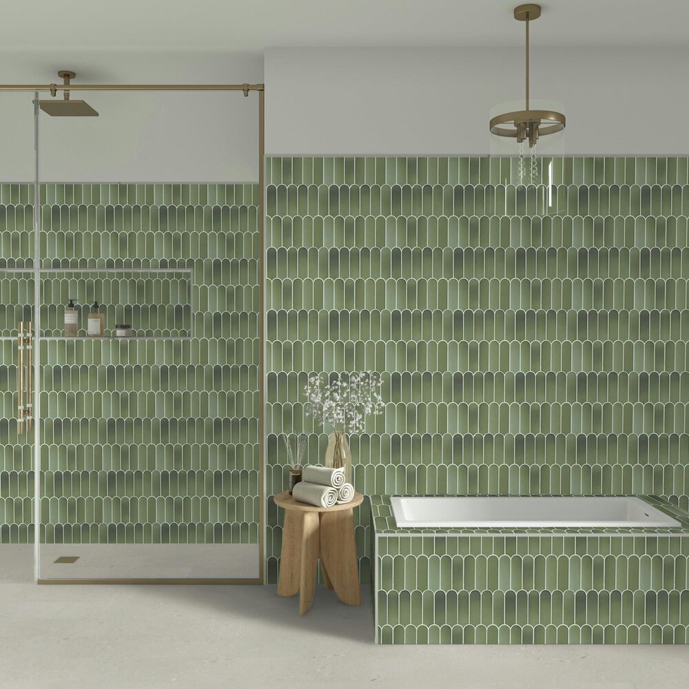 Dal-Tile Artefino Vintage Verdelite 2&quot; x 6&quot; Fish Scale on 12&quot; x 13&quot; Porcelain Mosaic Sheet, , large