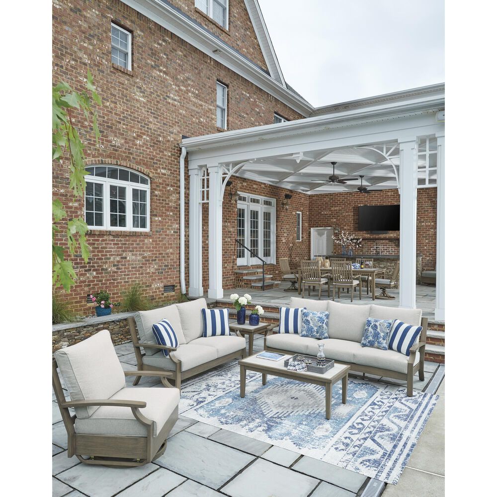 Ashley Rainier Ranch Outdoor Loveseat with Beige Cushion in Brown, , large