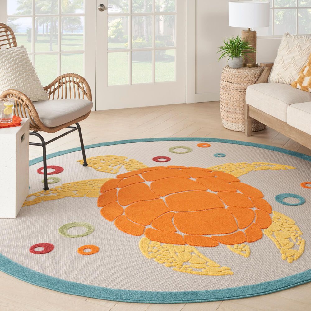 Nourison Aloha 5&#39;3&quot; Round Teal and Multicolor Indoor/Outdoor Area Rug, , large