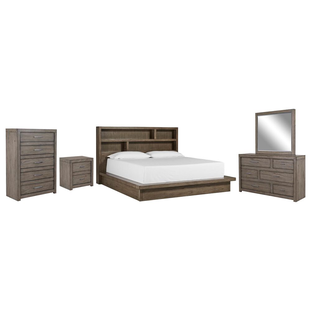 Riva Ridge Modern Loft 5 Piece California King Bookcase Platform Bedroom Set in Greystone, , large