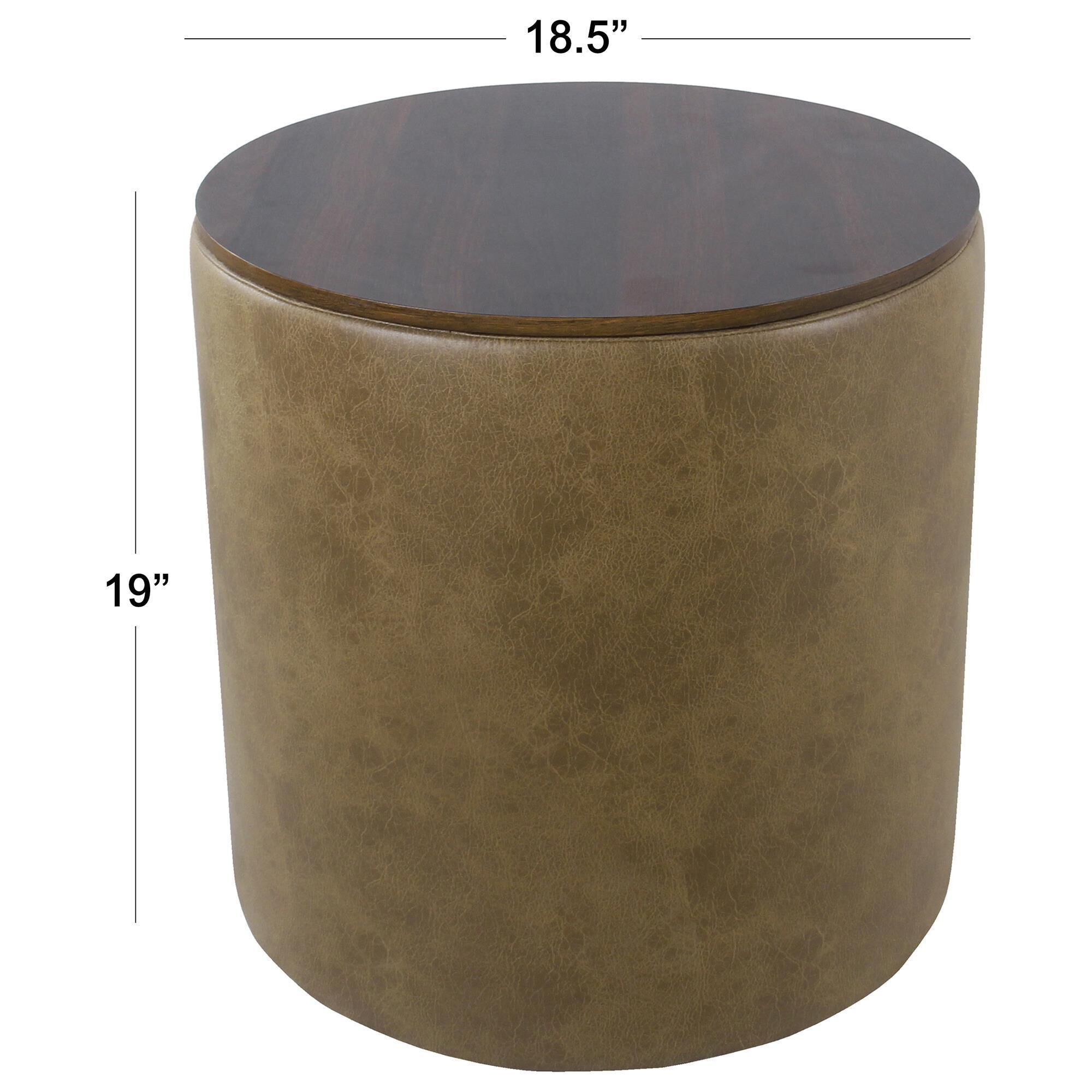 Kinfine Faux Leather Storage Ottoman with Wood Top in Light Brown