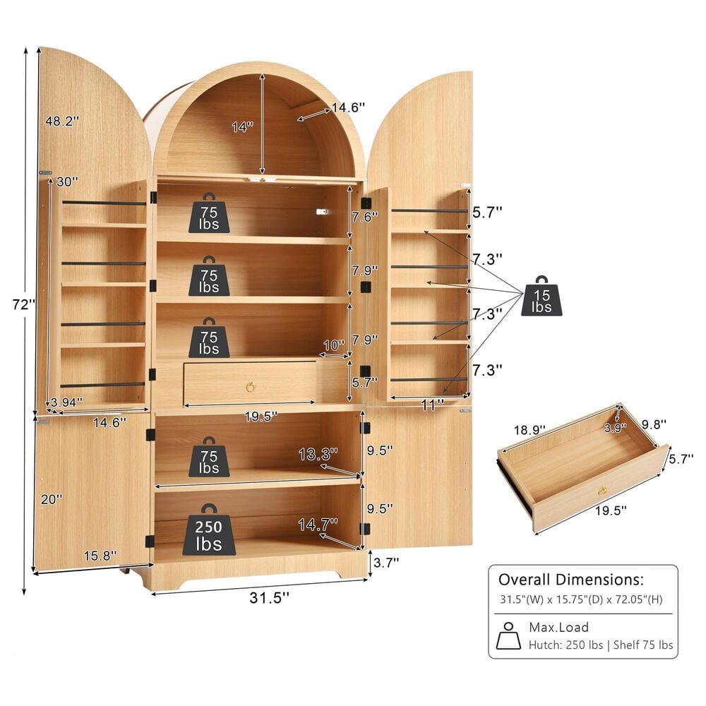 HOMLUX 72" Tall Arched Kitchen Pantry Cabinet in Natural, , large