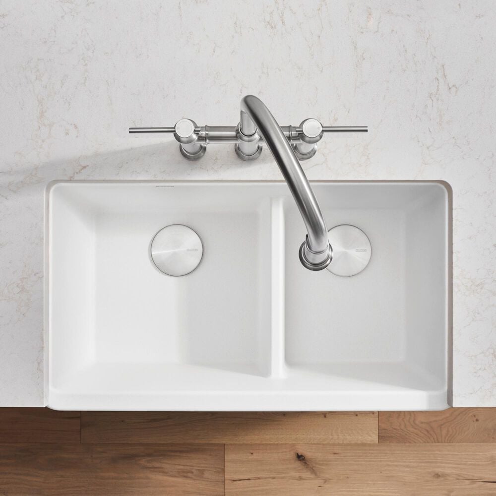 Blanco Ikon 33&quot; Apron Double Bowl Farmhouse Sink with Low Divide in White, , large