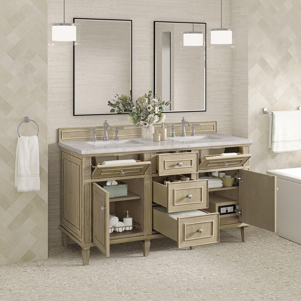 James Martin Vanities Lorelai 60" Double Bathroom Vanity in Whitewashed Oak with 3 cm Eternal Jasmine Pearl Silestone Top, Rectangular Sinks and FreePower Wireless Charger, , large