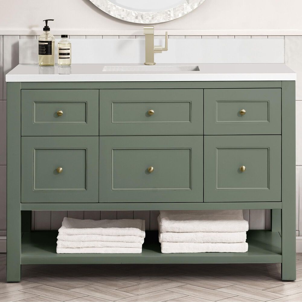 James Martin Vanities Breckenridge 48" Single Bathroom Vanity in Smokey Celadon with Single Hole 3 cm White Zeus Quartz Top and Rectangular Sink, , large