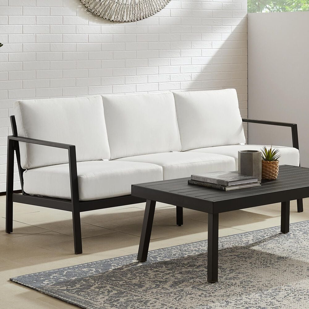 Linon Home Decor Holland Outdoor Sofa with White Cushions in Black, , large