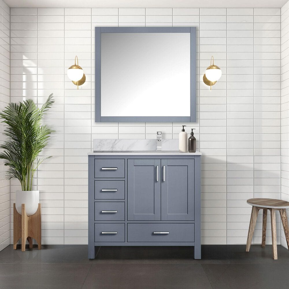 Lexora Home Jacques 36&quot; Right Offset Single Bathroom Vanity in Dark Grey with 2 cm White Carrara Marble Top and Rectangular Sink, , large