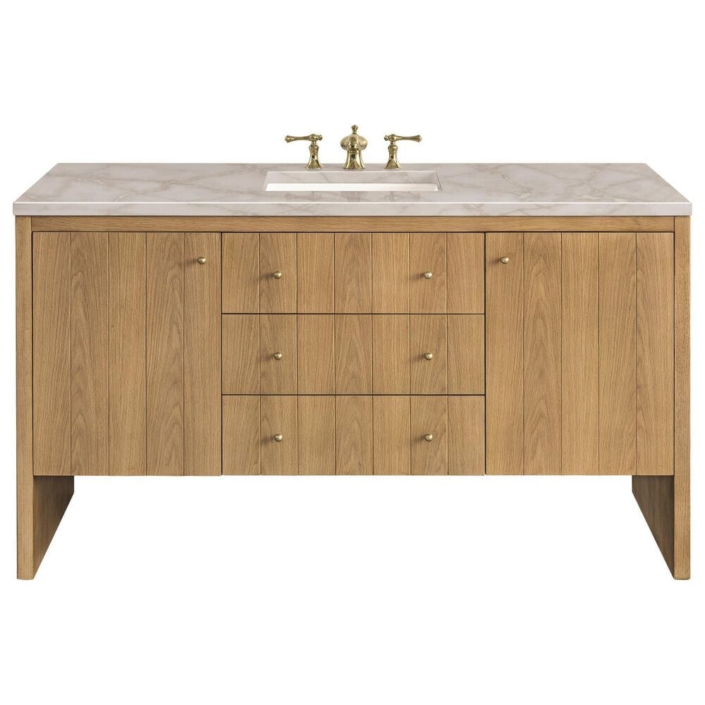 James Martin Vanities Hudson 60" Single Bathroom Vanity in Light Natural Oak with 3 cm Victorian Silver Quartz Top, Rectangular Sink and FreePower Wireless Charger, , large