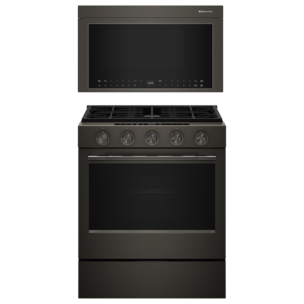 KitchenAid 2-Piece Kitchen Package with 30" Slide-In Smart Gas Range and 30" Over-the-Range Microwave Oven in Black Ore, , large