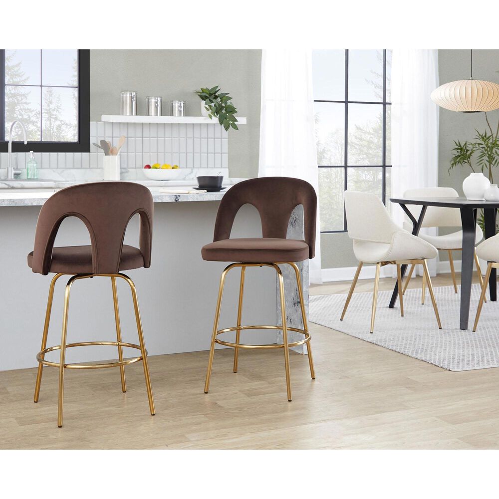 LumiSource Ava Swivel Counter Stool with Espresso Velvet Upholstery in Gold (Set of 2), , large