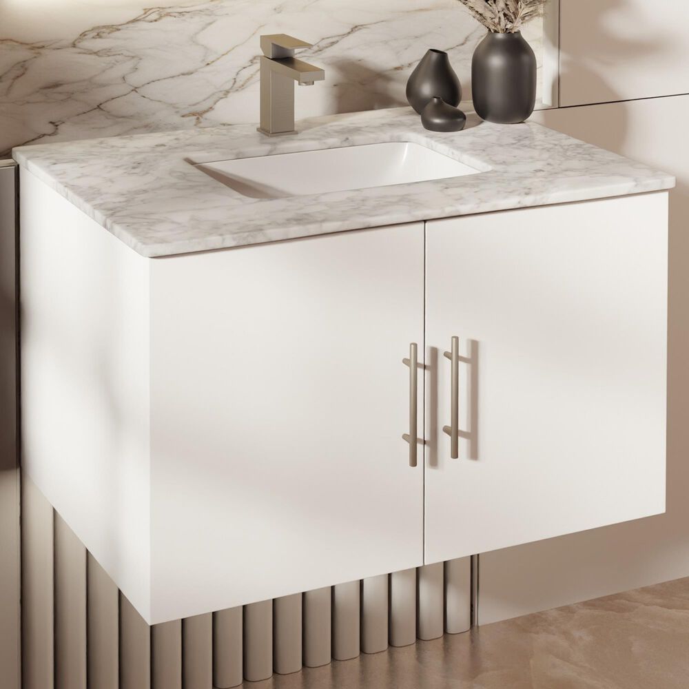 Lexora Home Geneva 30&quot; Single Bathroom Vanity in Glossy White with 2 cm White Carrara Marble Top and Rectangular Sink, , large