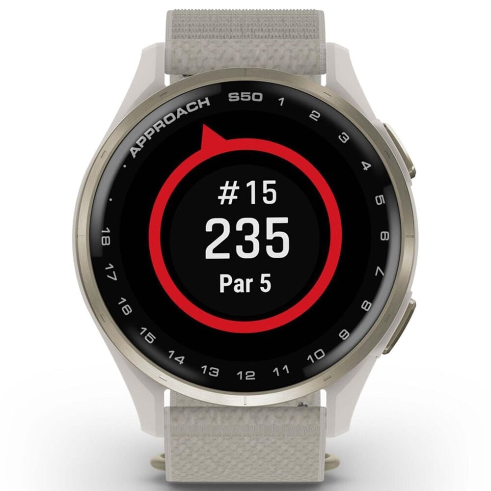 Garmin Approach S50 43mm Golf and Fitness Smartwatch Cream Gold Aluminum Bezel Case with Ivory Nylon Band, , large