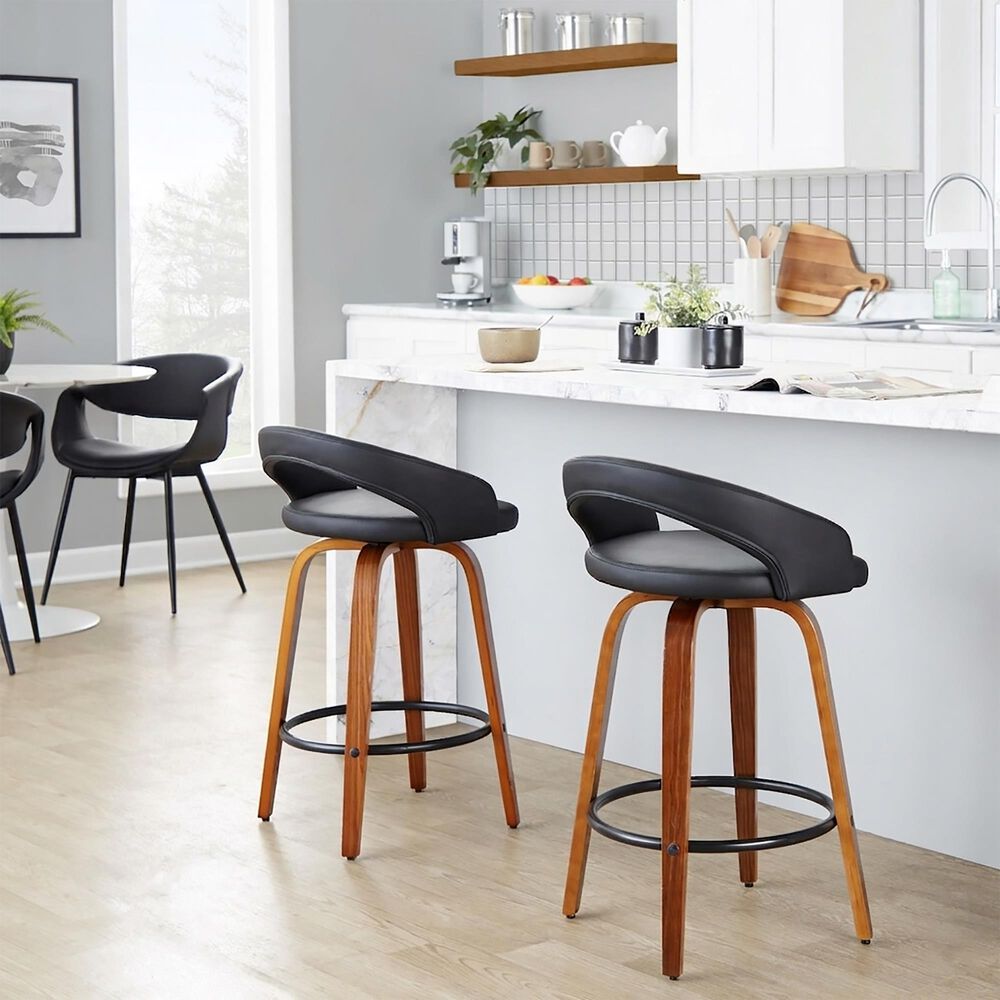 LumiSource Grotto 26" Swivel Counter Stool with Black Faux Leather Upholstery in Walnut and Black (Set of 2), , large