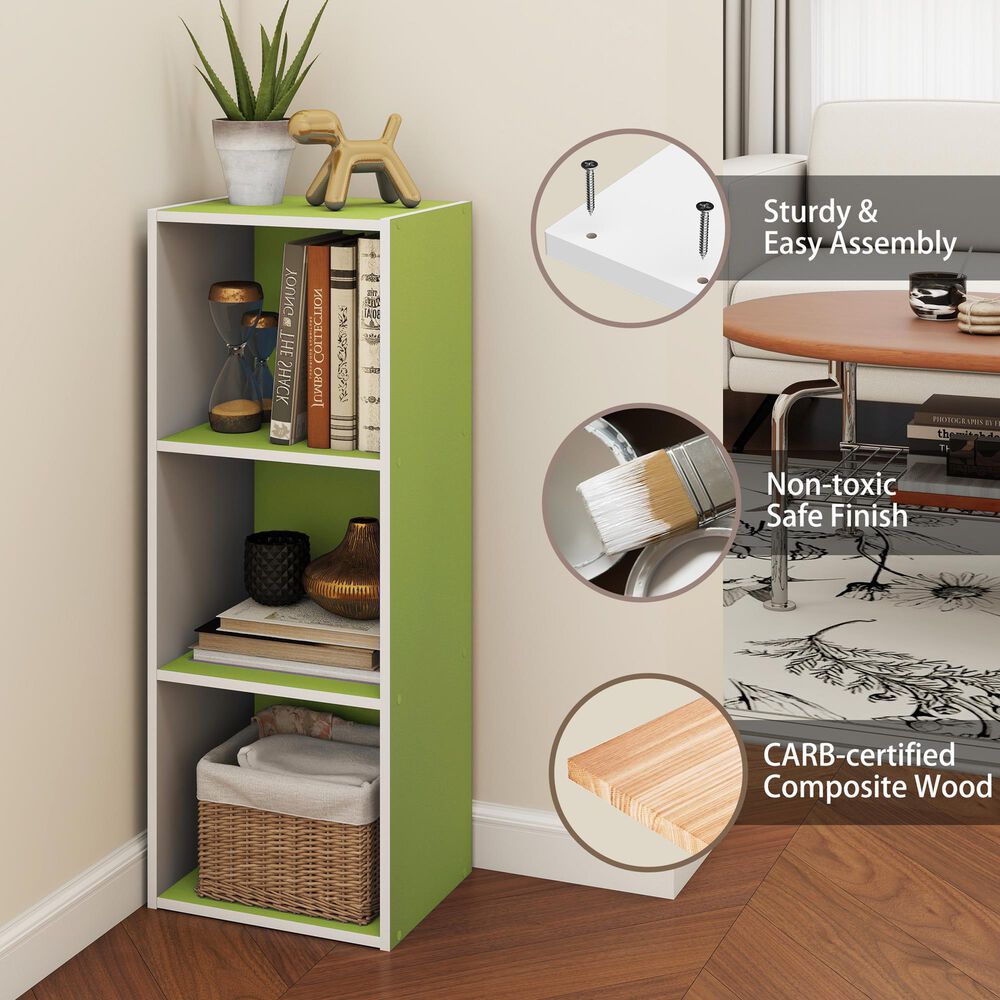 HOMLUX 3-Tier Bookcase with Decorative Open Shelves in White and Green, , large