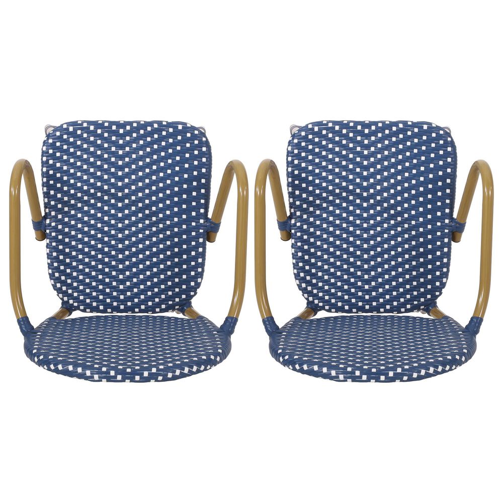 Hearth and Haven Outdoor Wicker Bar Stool with Footrest in Bamboo Print and Navy Blue (Set of 2), , large