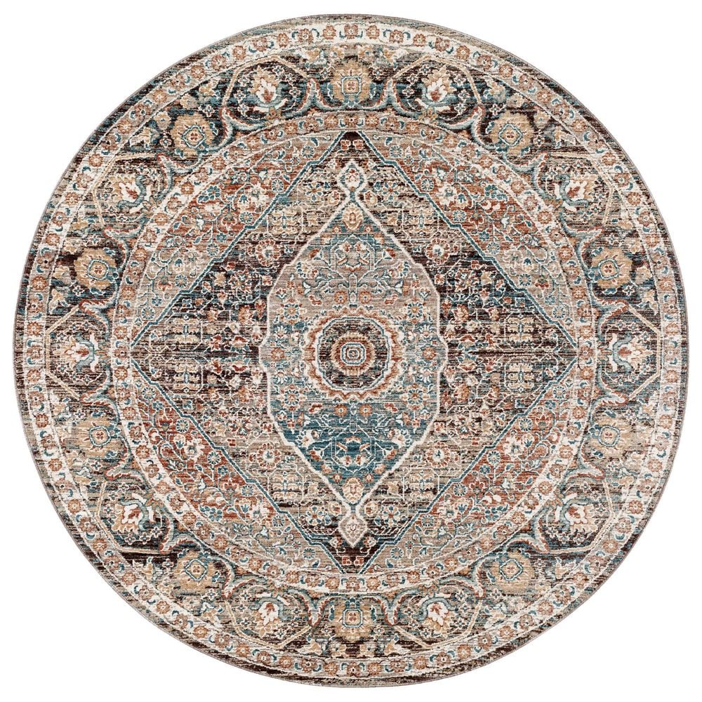 Surya Carlisle Oriental 5"3" Round Dusty Pink, Sage, Denim, Medium Brown and Dark Brown Area Rug, , large