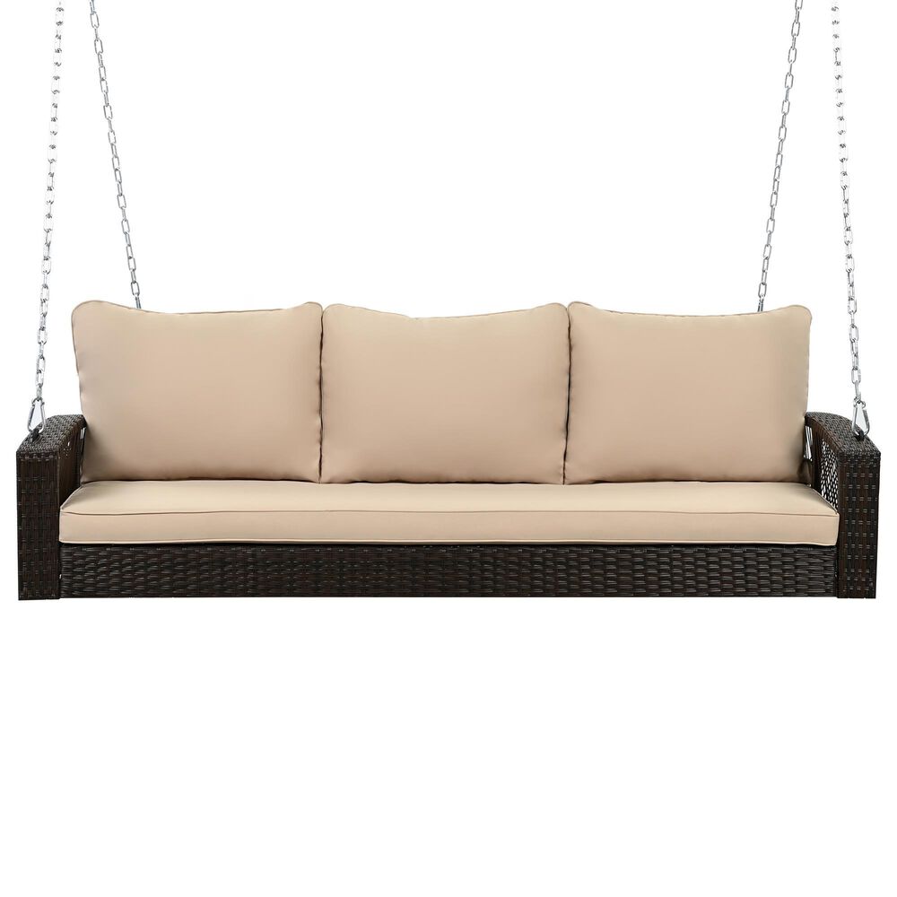 Hearth and Haven Go Outdoor 3-Seater PE Rattan Wicker Porch Swing Bench in Beige, , large