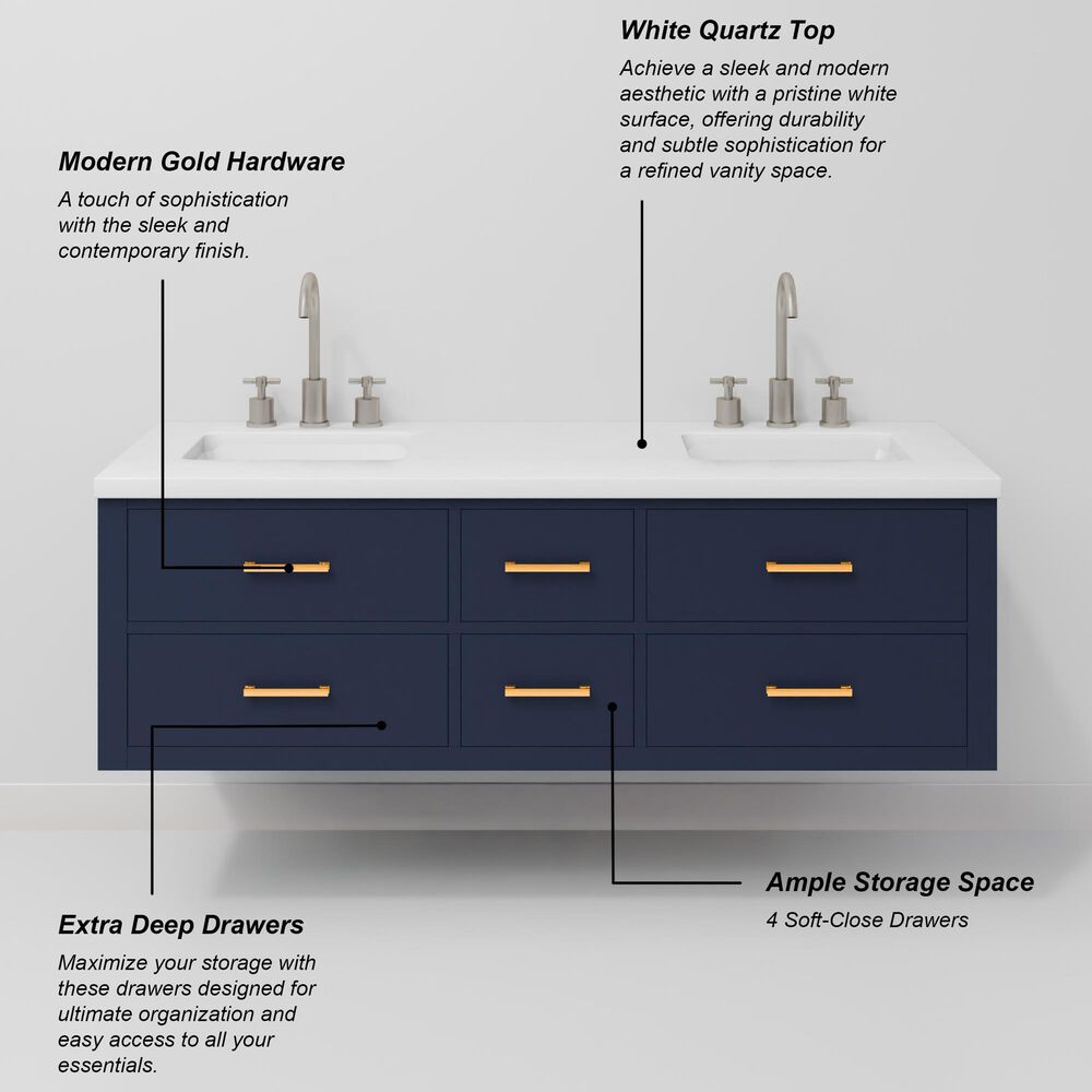 Lexora Home Castor 60" Double Bathroom Vanity in Blue with 2 cm White Quartz Top and Rectangular Sinks, , large