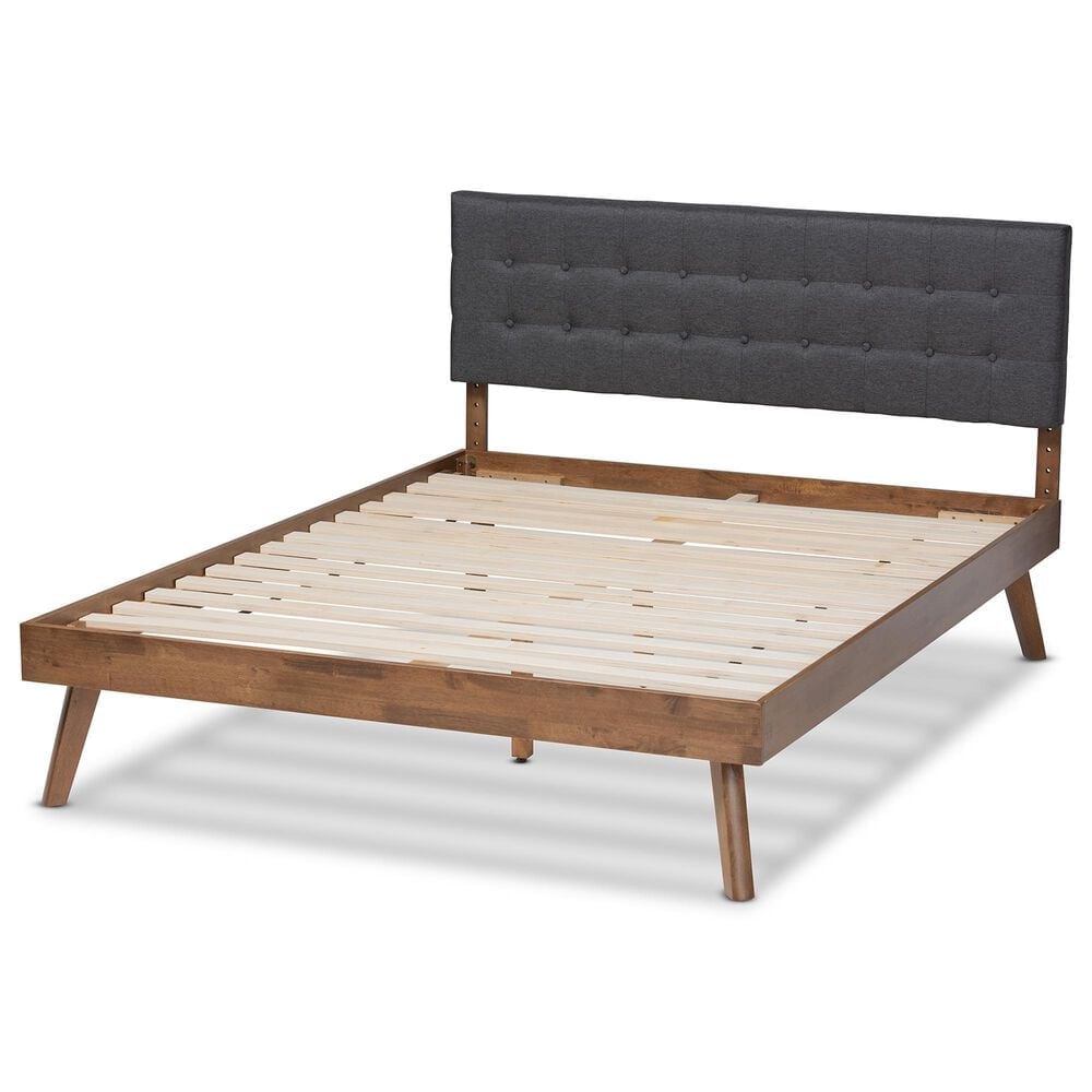 Baxton Studio Devan Queen Platform Bed with Dark Grey Fabric in Walnut Brown, , large