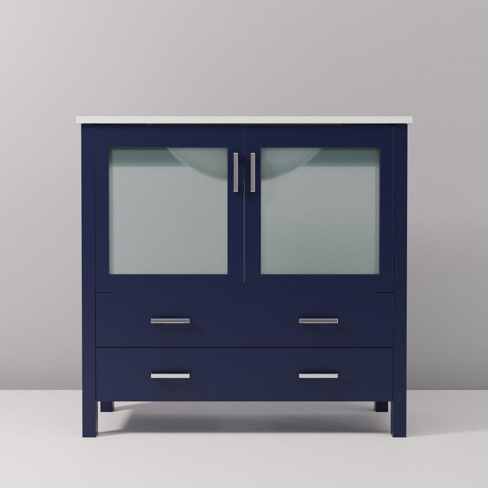 Lexora Home Volez 36&quot; Single Bathroom Vanity in Navy Blue with 2 cm White Ceramic Top and Rectangular Sink, , large