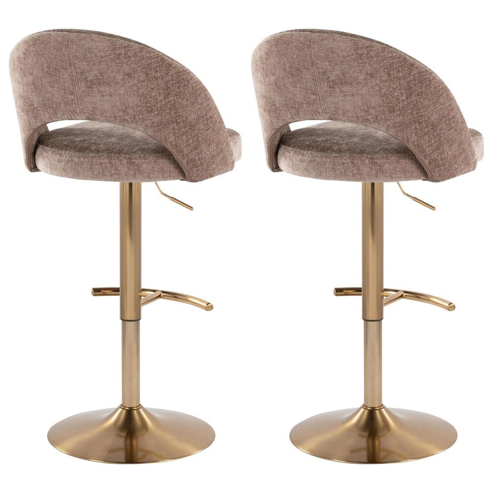LumiSource Renee Adjustable Swivel Bar Stool with Brown Fabric Upholstery in Gold (Set of 2), , large