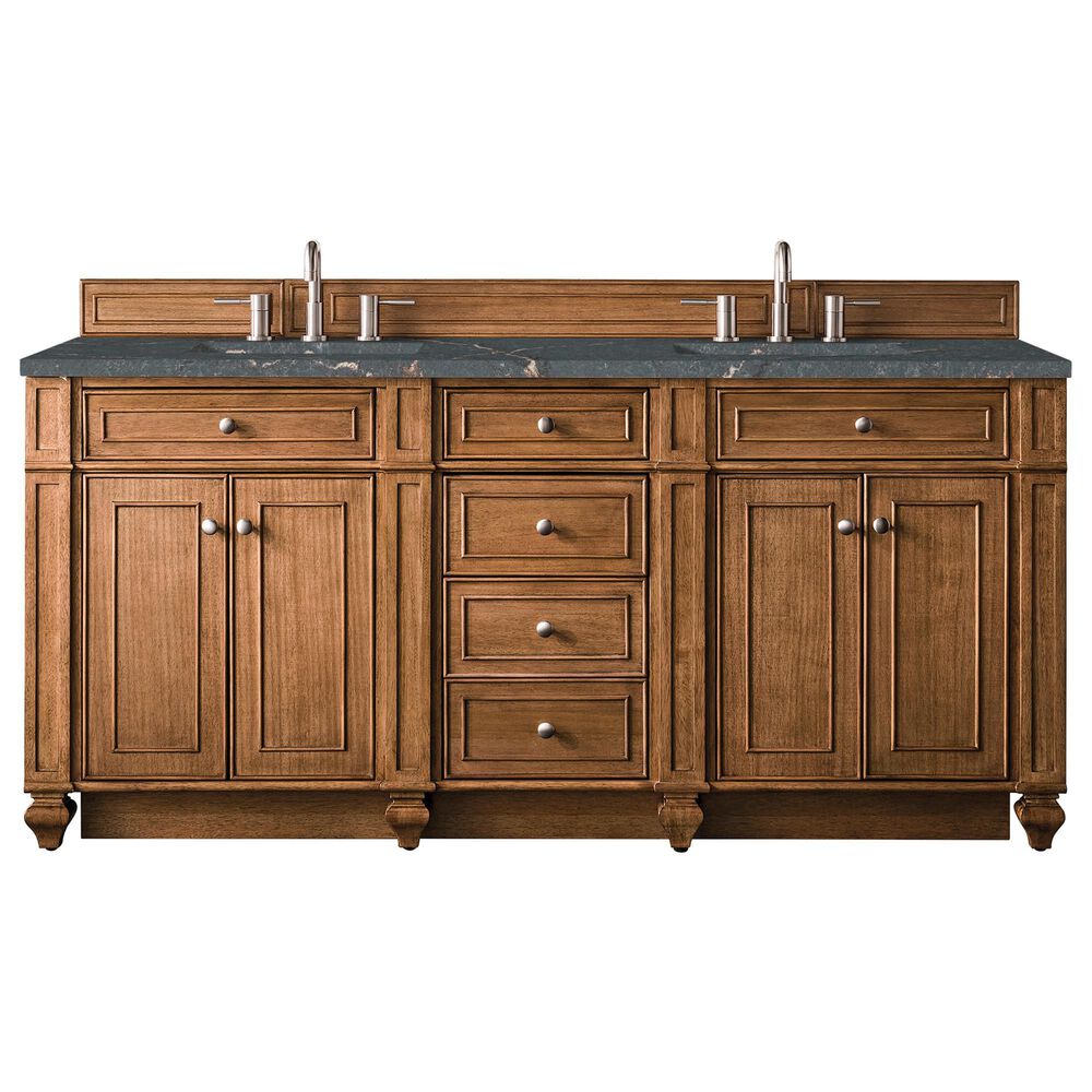 James Martin Vanities Bristol 72" Double Bathroom Vanity in Saddle Brown with 3 cm Parisien Bleu Quartz Top and Rectangular Sinks, , large