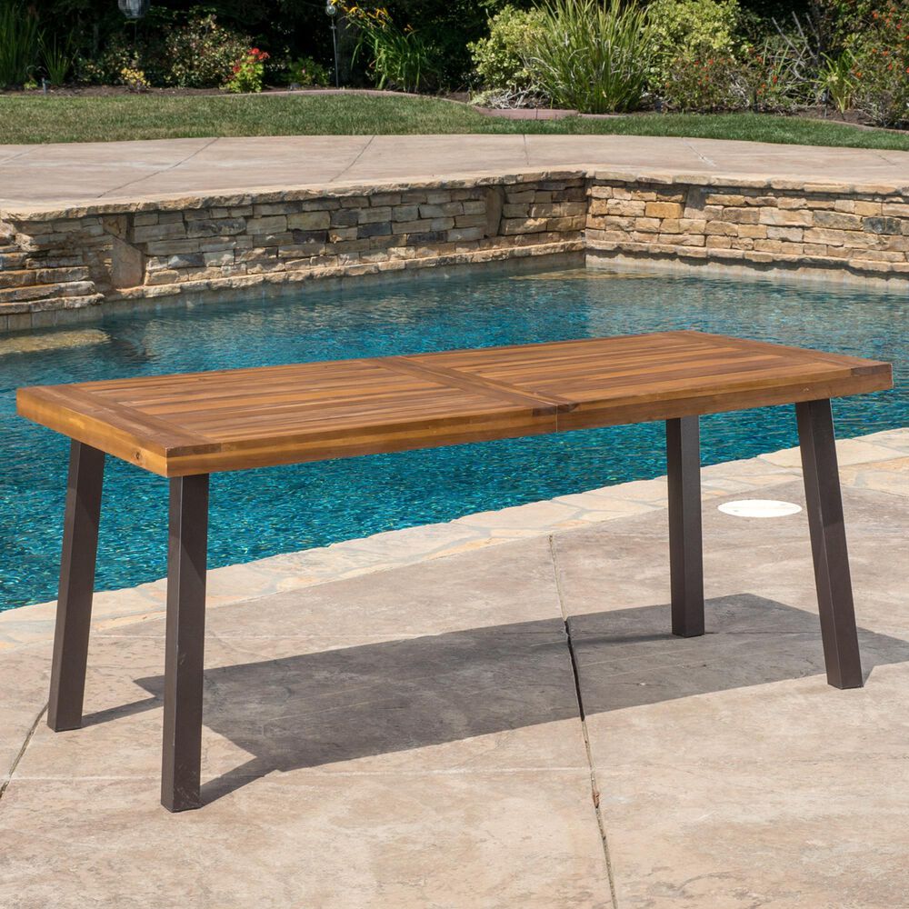 Hearth and Haven Della Outdoor Dining Table with Slatted Wood Top and Iron Frame in Teak, , large