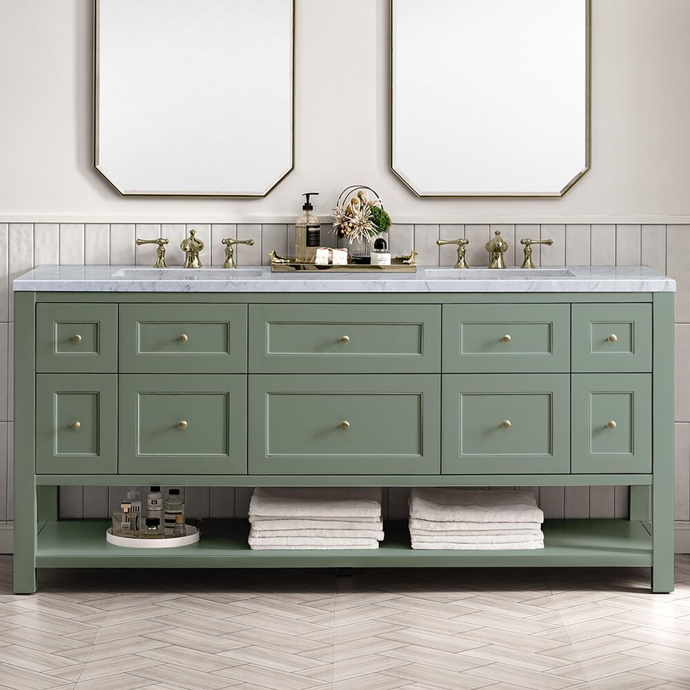 James Martin Vanities Breckenridge 72&quot; Double Bathroom Vanity in Smokey Celadon with 3 cm Carrara White Marble Top and Rectangular Sinks, , large