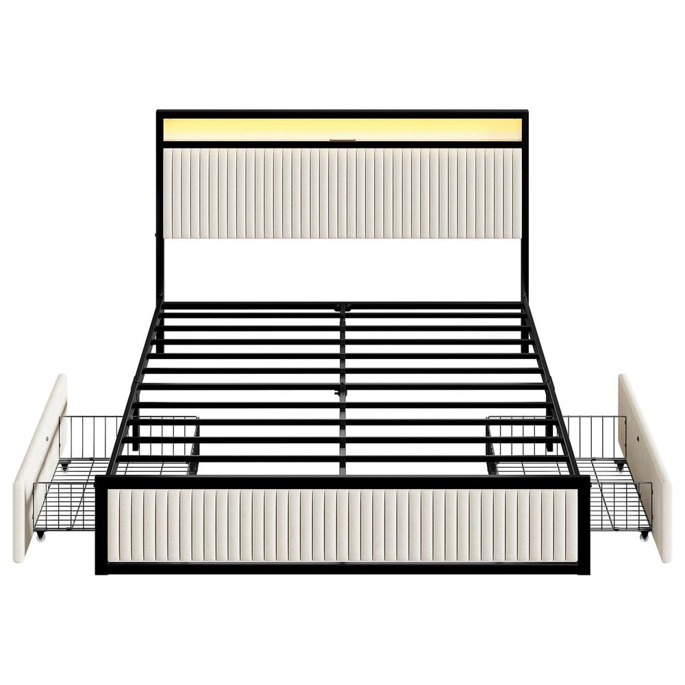 HOMLUX 2-Drawer Full Storage Bed with LED Headboard and USB Ports in Beige, , large