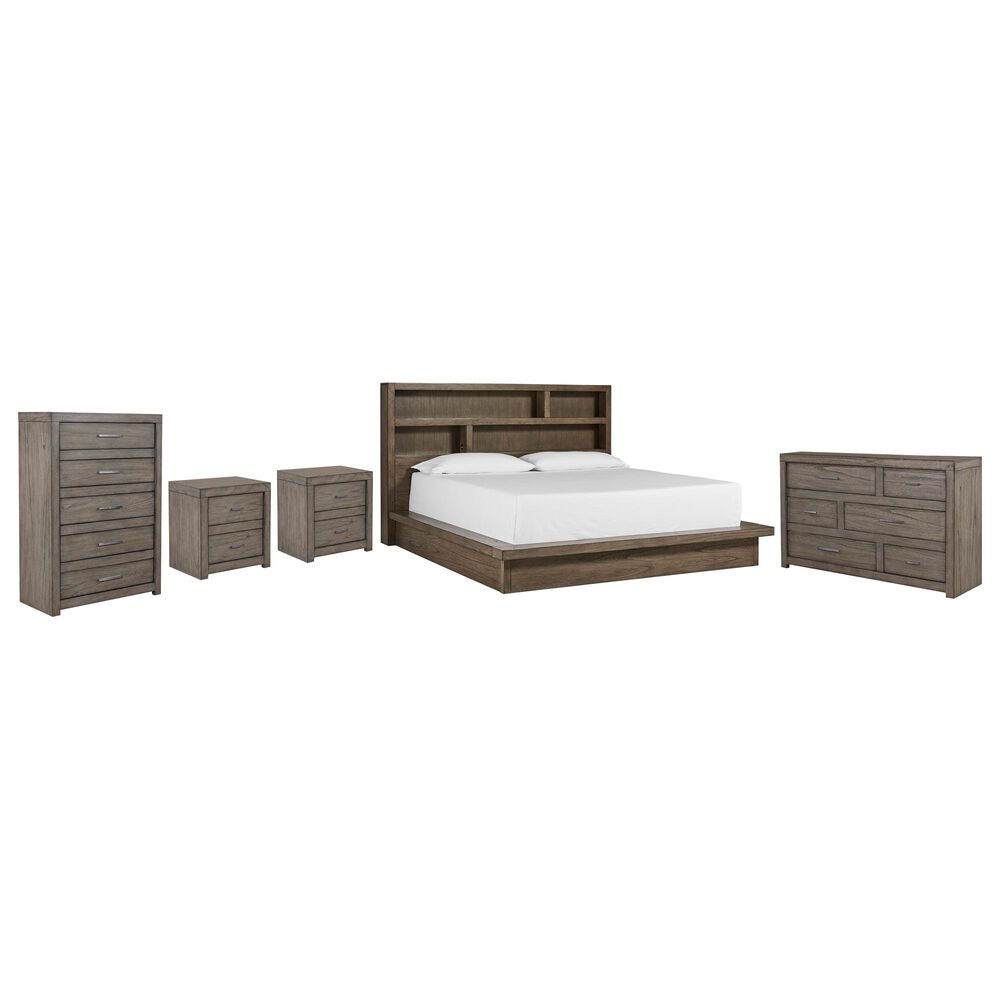 Riva Ridge Modern Loft King Bookcase Platform Bed with Dresser, Chest, and Two Nightstands in Greystone, , large