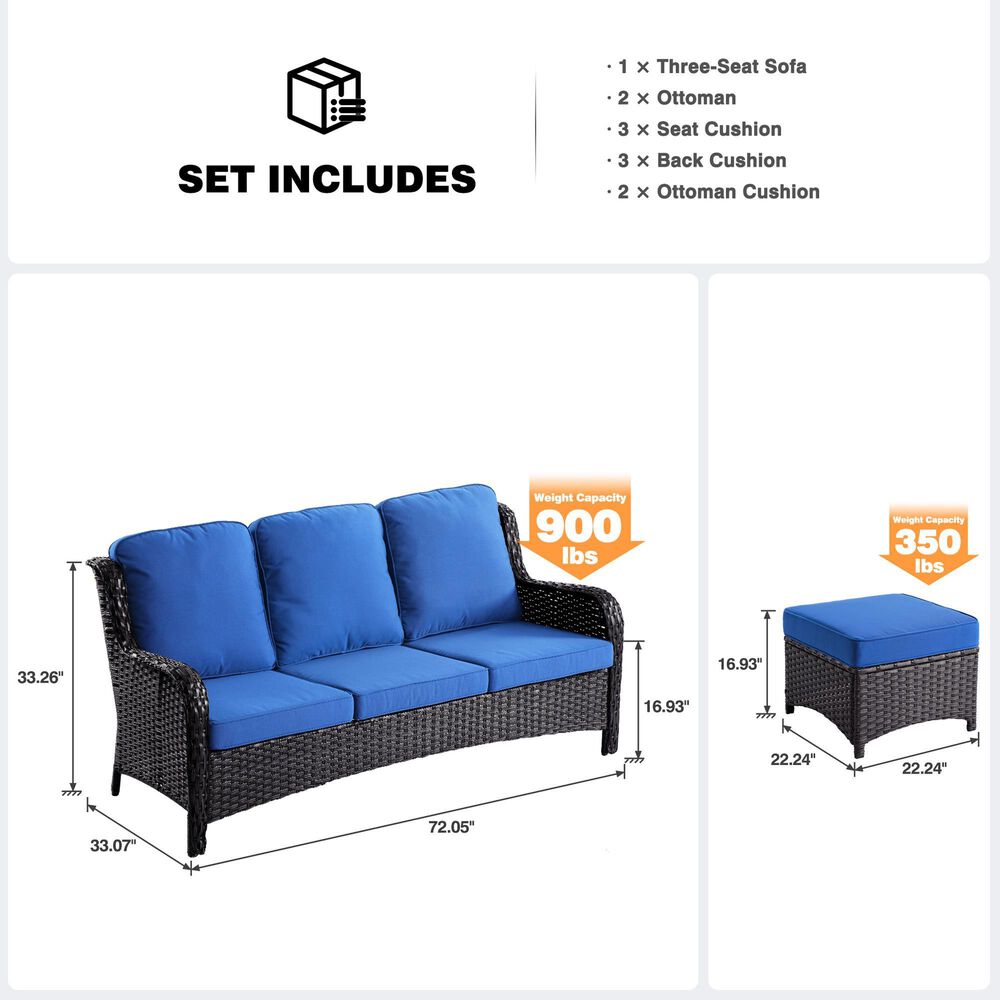 HOMLUX 3-Piece 72" Patio Sofa and Ottoman Set with Brown Wicker in Navy Blue, , large