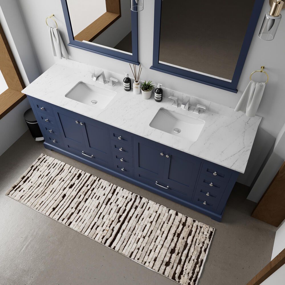 Lexora Home Dukes 84&quot; Double Bathroom Vanity in Navy Blue with 2 cm White Carrara Marble Top and Rectangular Sinks, , large